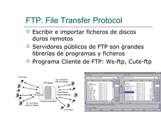 FTP. File Transfer Protocol
 Escribir e importar ficheros de discos
duros remotos
 Servidores públicos de FTP son grandes
librerías de programas y ficheros
 Programa Cliente de FTP: Ws-ftp, Cute-ftp
 