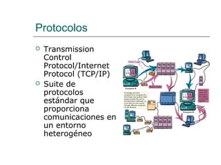 Protocolos
 Transmission
Control
Protocol/Internet
Protocol (TCP/IP)
 Suite de
protocolos
estándar que
proporciona
comunicaciones en
un entorno
heterogéneo
 