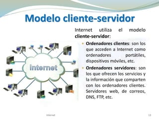 Modelo cliente-servidor
Internet utiliza el modelo
cliente-servidor:
 Ordenadores clientes: son los
que acceden a Internet como
ordenadores portátiles,
dispositivos móviles, etc.
 Ordenadores servidores: son
los que ofrecen los servicios y
la información que comparten
con los ordenadores clientes.
Servidores web, de correos,
DNS, FTP, etc.
13Internet
 