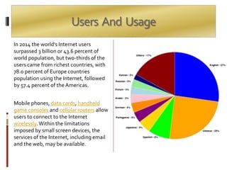 Users And Usage
In 2014 the world's Internet users
surpassed 3 billion or 43.6 percent of
world population, but two-thirds of the
users came from richest countries, with
78.0 percent of Europe countries
population using the Internet, followed
by 57.4 percent of the Americas.
Mobile phones, data cards, handheld
game consoles and cellular routers allow
users to connect to the Internet
wirelessly.Within the limitations
imposed by small screen devices, the
services of the Internet, including email
and the web, may be available.
 