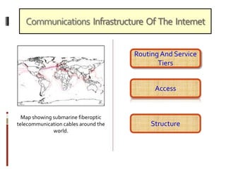 Communications Infrastructure Of The Internet
Routing And Service
Tiers
Structure
Access
Map showing submarine fiberoptic
telecommunication cables around the
world.
 