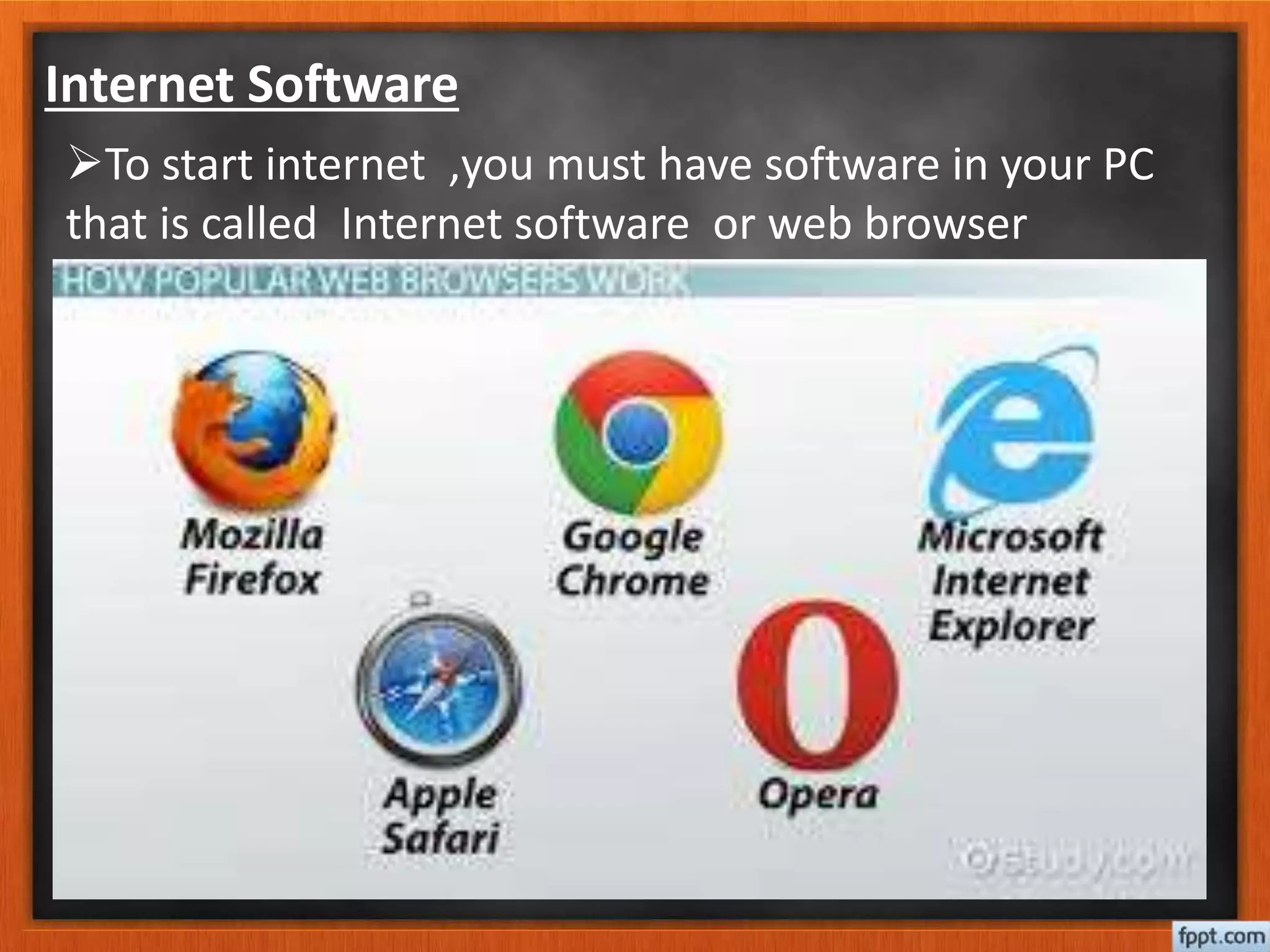 Internet Software
To start internet ,you must have software in your PC
that is called Internet software or web browser
 