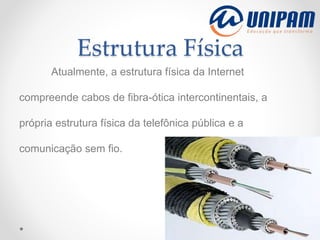 Estrutura Física
Atualmente, a estrutura física da Internet
compreende cabos de fibra-ótica intercontinentais, a
própria estrutura física da telefônica pública e a
comunicação sem fio.
 