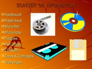 SCATTER OF INFORMATIONSCATTER OF INFORMATION
HardboundHardbound
Paper-backPaper-back
Micro-filmMicro-film
Micro-ficheM...