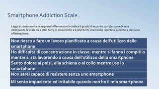 Smartphone Addiction Scale
Leggi attentamente le seguenti affermazioni e indica il grado di accordo con ciascuna di esse
utilizzando la scala da 1 (Del tutto in disaccordo) a 6 (Del tutto d’accordo) riportata accanto a ciascuna
affermazione.
Non riesco a fare un lavoro pianificato a causa dell’utilizzo dello
smartphone
Ho difficoltà di concentrazione in classe. mentre si fanno i compiti o
mentre si sta lavorando a causa dell’utilizzo dello smartphone
Sento dolore ai polsi, alla schiena o al collo mentre uso lo
smartphone
Non sarei capace di resistere senza uno smartphone
Mi sento impaziente ed irritabile quando non ho il mio smartphone
 