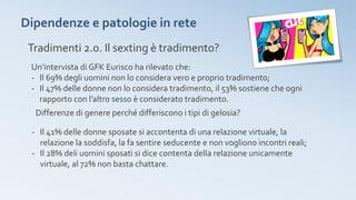 Dipendenze e patologie in rete
Tradimenti 2.0. Il sexting è tradimento?
- Il 41% delle donne sposate si accontenta di una relazione virtuale, la
relazione la soddisfa, la fa sentire seducente e non vogliono incontri reali;
- Il 28% deli uomini sposati si dice contenta della relazione unicamente
virtuale, al 72% non basta chattare.
Un’intervista di GFK Eurisco ha rilevato che:
- Il 69% degli uomini non lo considera vero e proprio tradimento;
- Il 47% delle donne non lo considera tradimento, il 53% sostiene che ogni
rapporto con l’altro sesso è considerato tradimento.
Differenze di genere perché differiscono i tipi di gelosia?
 