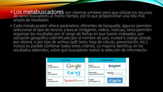 • Los metabuscadores son sistemas similares pero que utilizan los recursos
de varios buscadores al mismo tiempo, por lo que proporcionan una lista más
amplia de resultados.
• Cada metabuscador ofrece parámetros diferentes de búsqueda; algunos permiten
seleccionar el tipo de recurso a buscar (imágenes, videos, noticias), otros permiten
organizar los resultados por el rango de fechas en que fueron indexados, por
ubicación geográfica (identificado por el nombre de país, ciudad o código postal),
por idioma, o por tipo de archivo (pdf, texto, hoja de cálculo, presentación, etc.);
incluso es posible combinar todos estos criterios. La mayoría identifica, en los
resultados obtenidos, sobre qué buscadores realizó la selección de información.
 