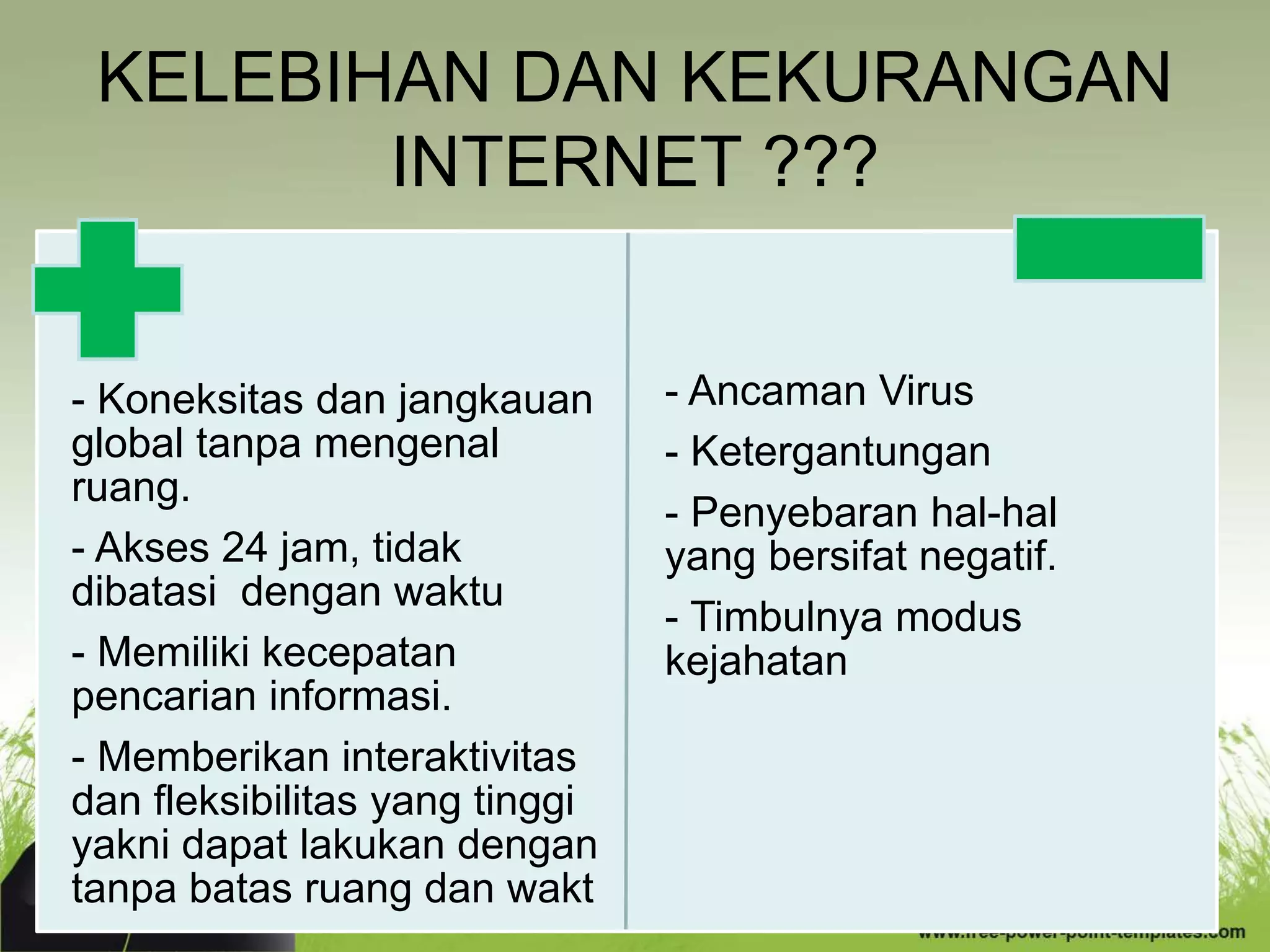 KELEBIHAN DAN KEKURANGAN
INTERNET ???
- Koneksitas dan jangkauan
global tanpa mengenal
ruang.
- Akses 24 jam, tidak
dibatasi dengan waktu
- Memiliki kecepatan
pencarian informasi.
- Memberikan interaktivitas
dan fleksibilitas yang tinggi
yakni dapat lakukan dengan
tanpa batas ruang dan wakt
- Ancaman Virus
- Ketergantungan
- Penyebaran hal-hal
yang bersifat negatif.
- Timbulnya modus
kejahatan
 