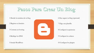 1 Decide la temática de tu blog
2 Registra tu dominio
3 Contrata un hosting
4 Redirige los DNS
5 Instala WordPress
6 Haz seguro tu blog (opcional)
7 Elige una plantilla
8 Configura la apariencia
9 Configura los enlaces
10 Configura los plugins
 