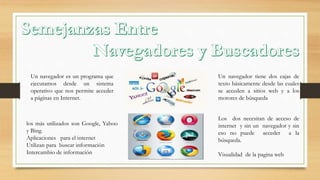 los más utilizados son Google, Yahoo
y Bing.
Aplicaciones para el internet
Utilizan para buscar información
Intercambio de información
Un navegador tiene dos cajas de
texto básicamente desde las cuales
se acceden a sitios web y a los
motores de búsqueda
Los dos necesitan de acceso de
internet y sin un navegador y sin
eso no puede acceder a la
búsqueda.
Visualidad de la pagina web
Un navegador es un programa que
ejecutamos desde un sistema
operativo que nos permite acceder
a páginas en Internet.
 