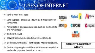 USES OF INTERNET
 Send e-mail messages
 Send (upload) or receive (down load) files between
computers
 Participate in discussion groups, such as mailing lists
and newsgroups.
 Surfing the web
 Playing Online games and chat in social media
 Book Railway tickets, Flight tickets, Movie tickets etc.
 Online shopping from different E-Commerce website
and make payment in online mode.
DIFFERENT E-COMMERCE
WEBSITE
 