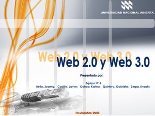 Presentado por: Equipo N° 6 Bello, Joanny;  Castillo, Javier;  Ochoa, Karina;  Quintero, Gabriela;  Zerpa, Enoalis Noviembre 2008 Web 2.0 y Web 3.0 