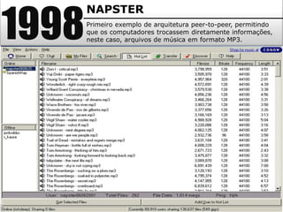 1998
NAPSTER
Primeiro exemplo de arquitetura peer-to-peer, permitindo
que os computadores trocassem diretamente informações,
neste caso, arquivos de música em formato MP3.
 
