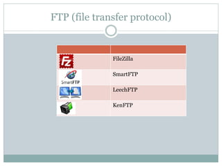 FTP (file transfer protocol)
FileZilla
SmartFTP
LeechFTP
KenFTP
 