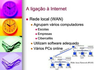 A ligação à Internet
 Rede local (WAN)
 Agrupam vários computadores
 Escolas
 Empresas
 Cibercafés
 Utilizam software adequado
 Vários PCs online
 