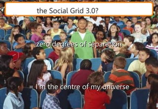 the Social Grid 3.0?
zero degrees of separation
= I’m the centre of my universe
20
 