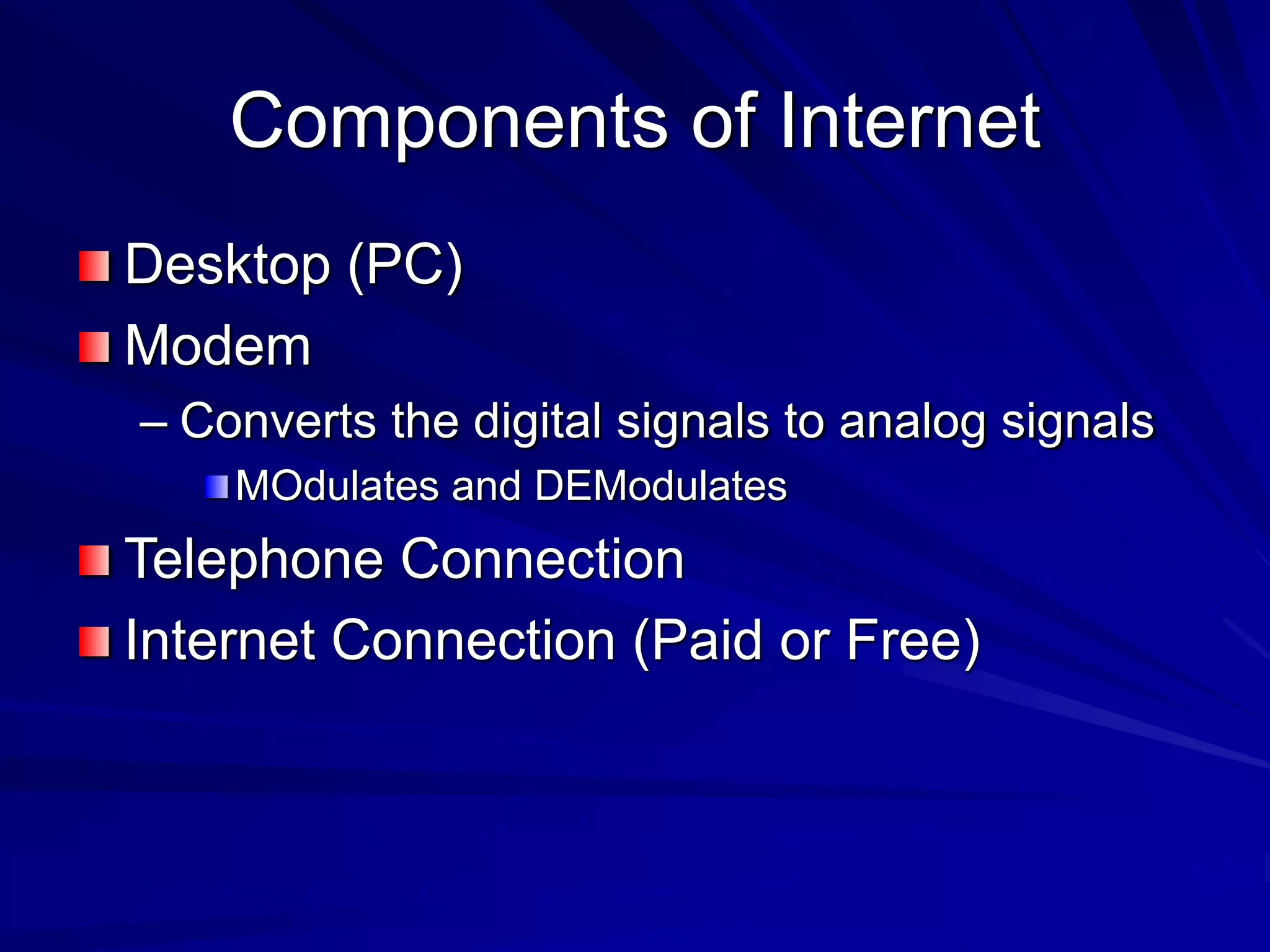 Components of Internet
Desktop (PC)
Modem
– Converts the digital signals to analog signals
MOdulates and DEModulates
Telephone Connection
Internet Connection (Paid or Free)
 