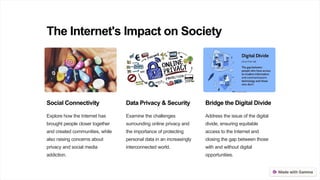 The Internet's Impact on Society
Social Connectivity
Explore how the Internet has
brought people closer together
and created communities, while
also raising concerns about
privacy and social media
addiction.
Data Privacy & Security
Examine the challenges
surrounding online privacy and
the importance of protecting
personal data in an increasingly
interconnected world.
Bridge the Digital Divide
Address the issue of the digital
divide, ensuring equitable
access to the Internet and
closing the gap between those
with and without digital
opportunities.
 