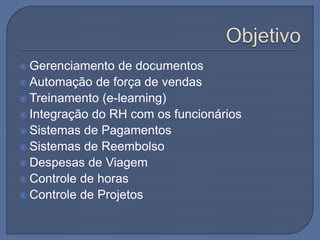  Gerenciamento de documentos
 Automação de força de vendas
 Treinamento (e-learning)
 Integração do RH com os funcionários
 Sistemas de Pagamentos
 Sistemas de Reembolso
 Despesas de Viagem
 Controle de horas
 Controle de Projetos
 
