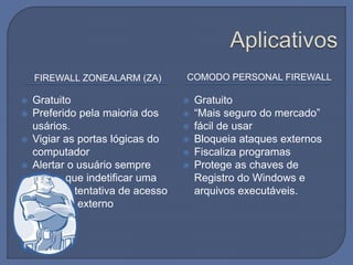 FIREWALL ZONEALARM (ZA) COMODO PERSONAL FIREWALL
 Gratuito
 Preferido pela maioria dos
usários.
 Vigiar as portas lógicas do
computador
 Alertar o usuário sempre
que indetificar uma
tentativa de acesso
externo
 Gratuito
 “Mais seguro do mercado”
 fácil de usar
 Bloqueia ataques externos
 Fiscaliza programas
 Protege as chaves de
Registro do Windows e
arquivos executáveis.
 