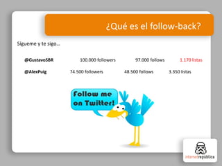 ¿Qué es el follow-back?
Sígueme y te sigo…
@GustavoSBR 100.000 followers 97.000 follows 1.170 listas
@AlexPuig 74.500 followers 48.500 follows 3.350 listas
 