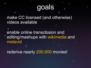 goals make CC licensed (and otherwise) videos available enable online transclusion and editing/mashups with  wikimedia  and  metavid rederive nearly  200,000  movies! 