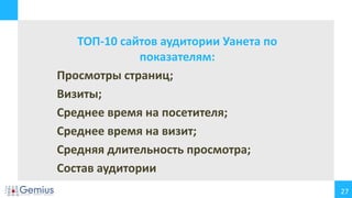 27
ТОП-10 сайтов аудитории Уанета по
показателям:
Просмотры страниц;
Визиты;
Среднее время на посетителя;
Среднее время на визит;
Средняя длительность просмотра;
Состав аудитории
 