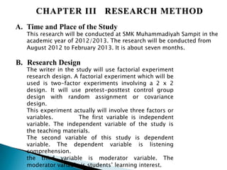 CHAPTER III RESEARCH METHOD
A. Time and Place of the Study

This research will be conducted at SMK Muhammadiyah Sampit in the
academic year of 2012/2013. The research will be conducted from
August 2012 to February 2013. It is about seven months.

B. Research Design

The writer in the study will use factorial experiment
research design. A factorial experiment which will be
used is two-factor experiments involving a 2 x 2
design. It will use pretest-posttest control group
design with random assignment or covariance
design.
This experiment actually will involve three factors or
variables.
The first variable is independent
variable. The independent variable of the study is
the teaching materials.
The second variable of this study is dependent
variable. The dependent variable is listening
comprehension.
the third variable is moderator variable. The
moderator variable is students’ learning interest.

 