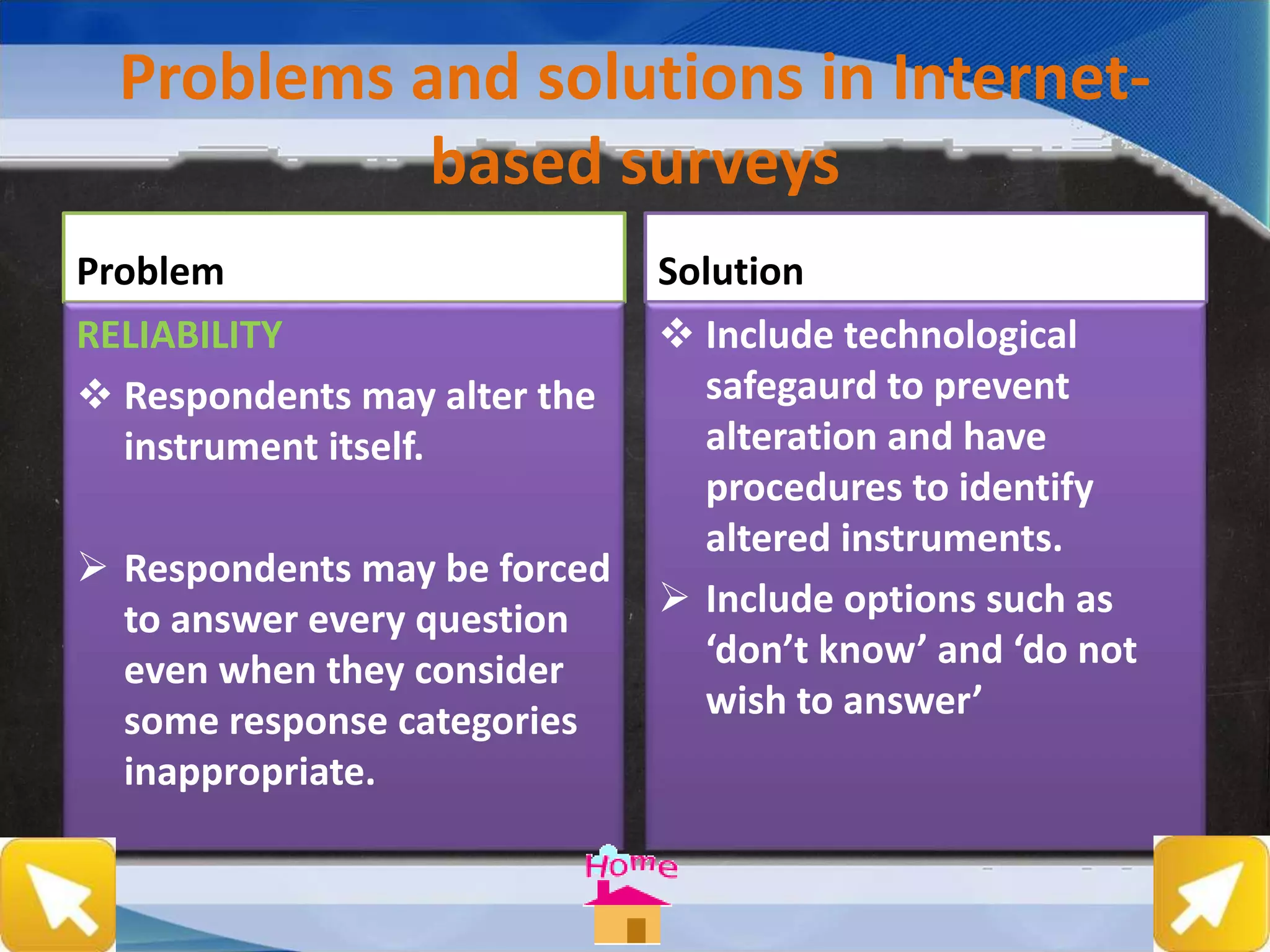 Problems and solutions in Internet-
based surveys
Problem
RELIABILITY
 Respondents may alter the
instrument itself.
 Respondents may be forced
to answer every question
even when they consider
some response categories
inappropriate.
Solution
 Include technological
safegaurd to prevent
alteration and have
procedures to identify
altered instruments.
 Include options such as
‘don’t know’ and ‘do not
wish to answer’
 