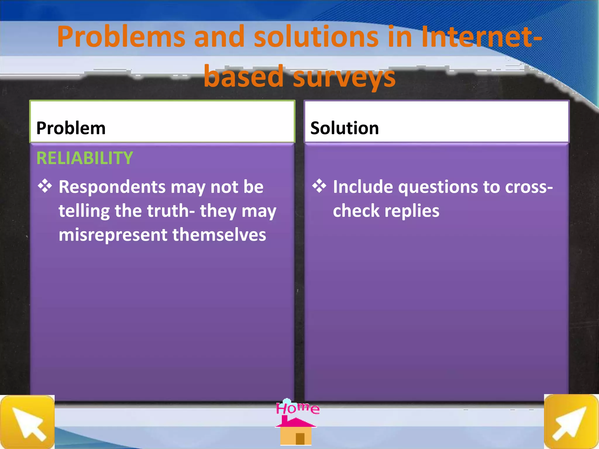 Problems and solutions in Internet-
based surveys
Problem
RELIABILITY
 Respondents may not be
telling the truth- they may
misrepresent themselves
Solution
 Include questions to cross-
check replies
 