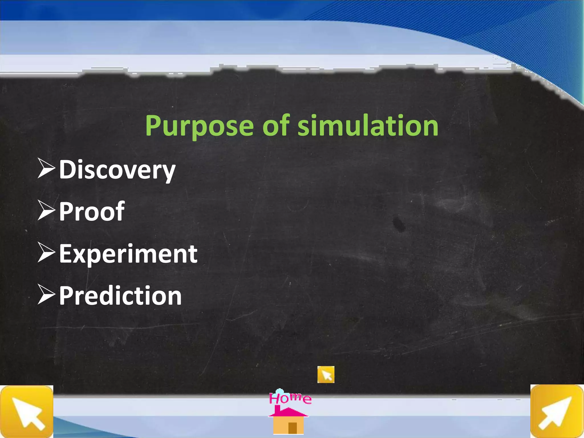 Purpose of simulation
Discovery
Proof
Experiment
Prediction
 