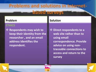 Problems and solutions in Internet-
based surveys
Problem
ETHICS
 Respondents may wish to
keep their identity from the
researcher , and an email
address identifies the
respondent.
Solution
 Direct respondents to a
web site rather than to
using email
correspondence. Provide
advice on using non-
traceable connections to
access and return to the
survey
 