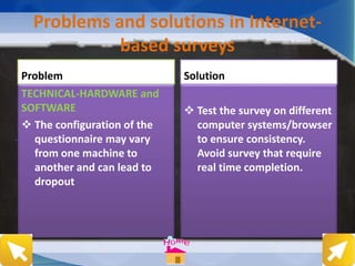 Problems and solutions in Internet-
based surveys
Problem
TECHNICAL-HARDWARE and
SOFTWARE
 The configuration of the
questionnaire may vary
from one machine to
another and can lead to
dropout
Solution
 Test the survey on different
computer systems/browser
to ensure consistency.
Avoid survey that require
real time completion.
 