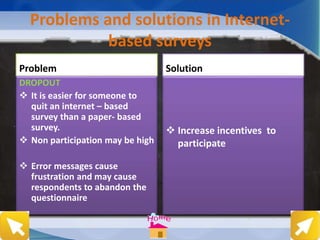 Problems and solutions in Internet-
based surveys
Problem
DROPOUT
 It is easier for someone to
quit an internet – based
survey than a paper- based
survey.
 Non participation may be high
 Error messages cause
frustration and may cause
respondents to abandon the
questionnaire
Solution
 Increase incentives to
participate
 