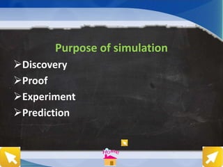 Purpose of simulation
Discovery
Proof
Experiment
Prediction
 