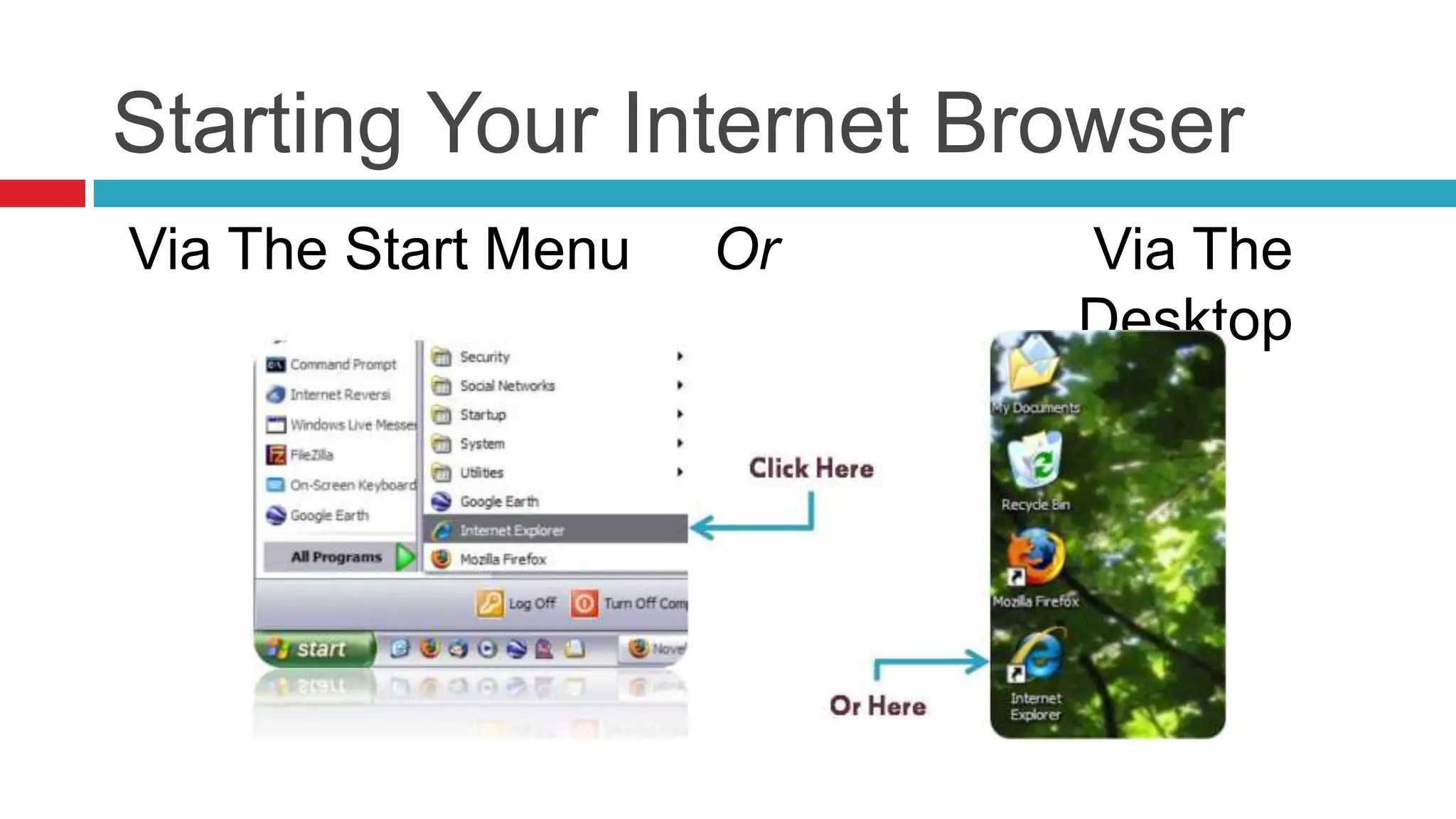 Starting Your Internet Browser
Via The Start Menu   Or   Via The
                          Desktop
 