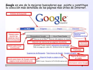 Google es uno de lo mejores buscadores que existe y constituye
la colección más detallada de las páginas más útiles de Internet.
 