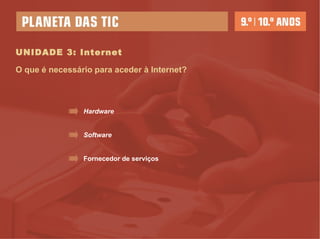 UNIDADE 3: Internet O que é necessário para aceder à Internet? Hardware Software Fornecedor de serviços 