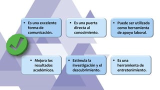  Mejora los
resultados
académicos.
 Estimula la
investigación y el
descubrimiento.
 Puede ser utilizada
como herramienta
de apoyo laboral.
 Es una
herramienta de
entretenimiento.
 Es una excelente
forma de
comunicación.
 Es una puerta
directa al
conocimiento.
 