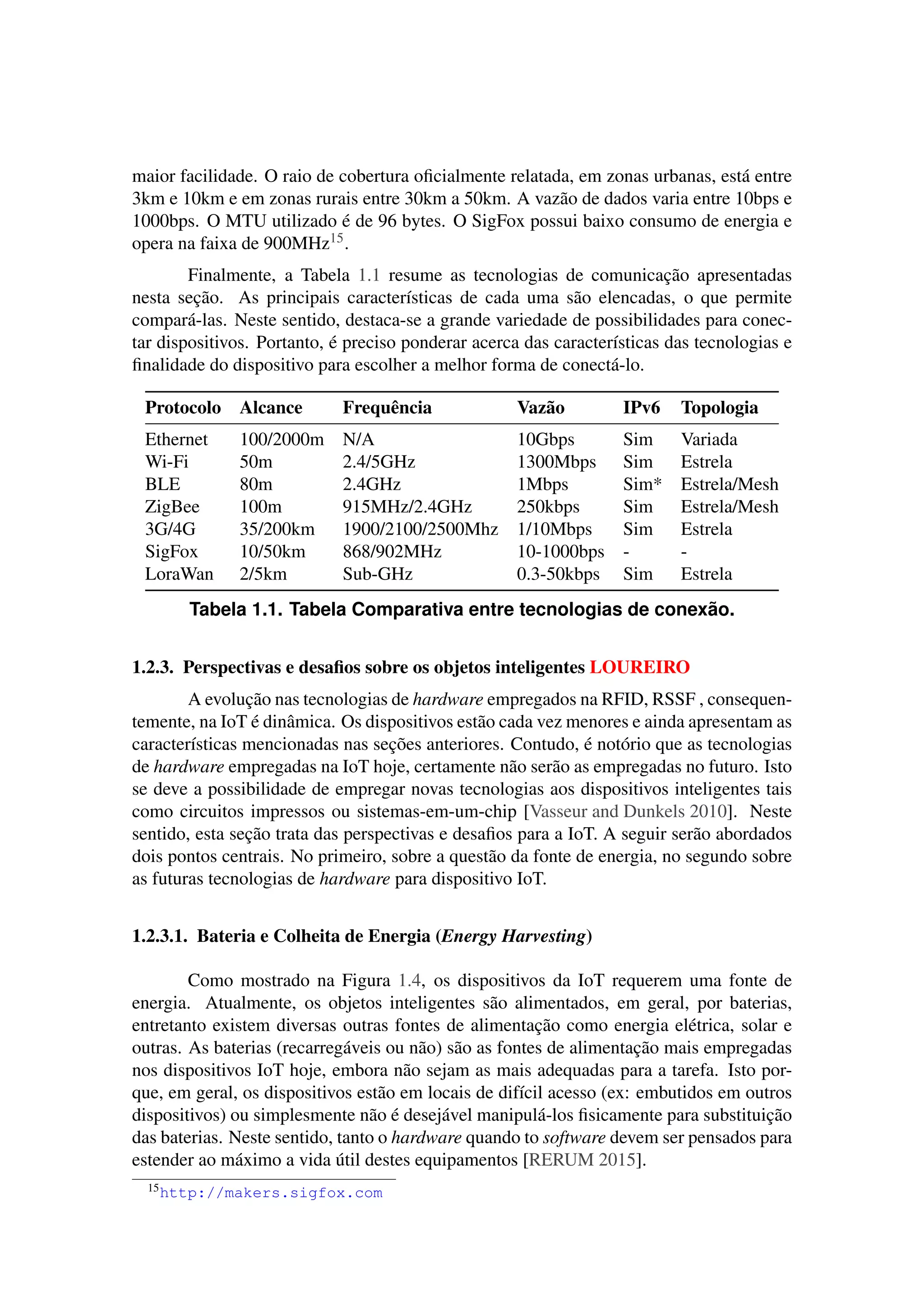 maior facilidade. O raio de cobertura oﬁcialmente relatada, em zonas urbanas, está entre
3km e 10km e em zonas rurais entre 30km a 50km. A vazão de dados varia entre 10bps e
1000bps. O MTU utilizado é de 96 bytes. O SigFox possui baixo consumo de energia e
opera na faixa de 900MHz15.
Finalmente, a Tabela 1.1 resume as tecnologias de comunicação apresentadas
nesta seção. As principais características de cada uma são elencadas, o que permite
compará-las. Neste sentido, destaca-se a grande variedade de possibilidades para conec-
tar dispositivos. Portanto, é preciso ponderar acerca das características das tecnologias e
ﬁnalidade do dispositivo para escolher a melhor forma de conectá-lo.
Protocolo Alcance Frequência Vazão IPv6 Topologia
Ethernet 100/2000m N/A 10Gbps Sim Variada
Wi-Fi 50m 2.4/5GHz 1300Mbps Sim Estrela
BLE 80m 2.4GHz 1Mbps Sim* Estrela/Mesh
ZigBee 100m 915MHz/2.4GHz 250kbps Sim Estrela/Mesh
3G/4G 35/200km 1900/2100/2500Mhz 1/10Mbps Sim Estrela
SigFox 10/50km 868/902MHz 10-1000bps - -
LoraWan 2/5km Sub-GHz 0.3-50kbps Sim Estrela
Tabela 1.1. Tabela Comparativa entre tecnologias de conexão.
1.2.3. Perspectivas e desaﬁos sobre os objetos inteligentes LOUREIRO
A evolução nas tecnologias de hardware empregados na RFID, RSSF , consequen-
temente, na IoT é dinâmica. Os dispositivos estão cada vez menores e ainda apresentam as
características mencionadas nas seções anteriores. Contudo, é notório que as tecnologias
de hardware empregadas na IoT hoje, certamente não serão as empregadas no futuro. Isto
se deve a possibilidade de empregar novas tecnologias aos dispositivos inteligentes tais
como circuitos impressos ou sistemas-em-um-chip [Vasseur and Dunkels 2010]. Neste
sentido, esta seção trata das perspectivas e desaﬁos para a IoT. A seguir serão abordados
dois pontos centrais. No primeiro, sobre a questão da fonte de energia, no segundo sobre
as futuras tecnologias de hardware para dispositivo IoT.
1.2.3.1. Bateria e Colheita de Energia (Energy Harvesting)
Como mostrado na Figura 1.4, os dispositivos da IoT requerem uma fonte de
energia. Atualmente, os objetos inteligentes são alimentados, em geral, por baterias,
entretanto existem diversas outras fontes de alimentação como energia elétrica, solar e
outras. As baterias (recarregáveis ou não) são as fontes de alimentação mais empregadas
nos dispositivos IoT hoje, embora não sejam as mais adequadas para a tarefa. Isto por-
que, em geral, os dispositivos estão em locais de difícil acesso (ex: embutidos em outros
dispositivos) ou simplesmente não é desejável manipulá-los ﬁsicamente para substituição
das baterias. Neste sentido, tanto o hardware quando to software devem ser pensados para
estender ao máximo a vida útil destes equipamentos [RERUM 2015].
15http://makers.sigfox.com
 