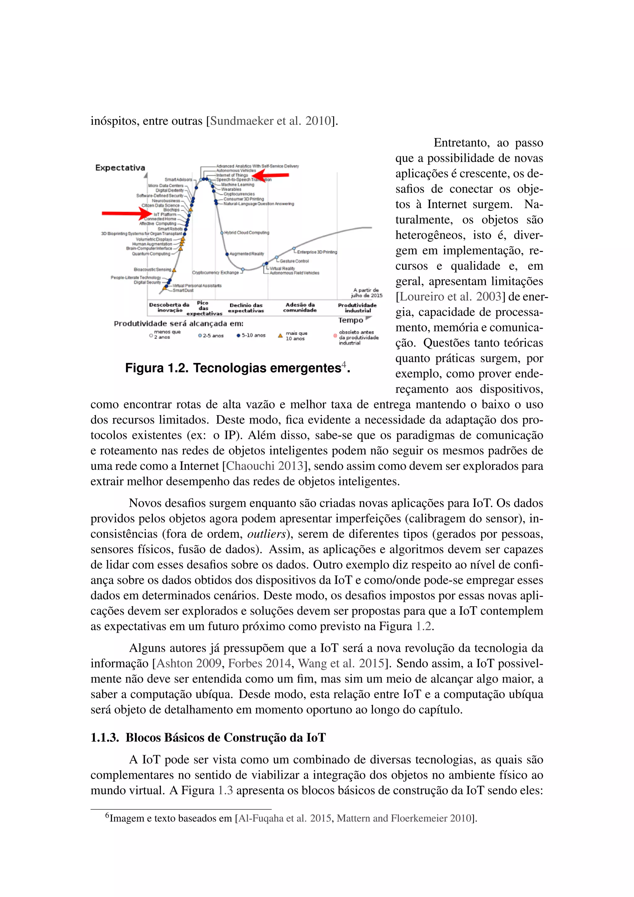 inóspitos, entre outras [Sundmaeker et al. 2010].
Figura 1.2. Tecnologias emergentes4.
Entretanto, ao passo
que a possibilidade de novas
aplicações é crescente, os de-
saﬁos de conectar os obje-
tos à Internet surgem. Na-
turalmente, os objetos são
heterogêneos, isto é, diver-
gem em implementação, re-
cursos e qualidade e, em
geral, apresentam limitações
[Loureiro et al. 2003] de ener-
gia, capacidade de processa-
mento, memória e comunica-
ção. Questões tanto teóricas
quanto práticas surgem, por
exemplo, como prover ende-
reçamento aos dispositivos,
como encontrar rotas de alta vazão e melhor taxa de entrega mantendo o baixo o uso
dos recursos limitados. Deste modo, ﬁca evidente a necessidade da adaptação dos pro-
tocolos existentes (ex: o IP). Além disso, sabe-se que os paradigmas de comunicação
e roteamento nas redes de objetos inteligentes podem não seguir os mesmos padrões de
uma rede como a Internet [Chaouchi 2013], sendo assim como devem ser explorados para
extrair melhor desempenho das redes de objetos inteligentes.
Novos desaﬁos surgem enquanto são criadas novas aplicações para IoT. Os dados
providos pelos objetos agora podem apresentar imperfeições (calibragem do sensor), in-
consistências (fora de ordem, outliers), serem de diferentes tipos (gerados por pessoas,
sensores físicos, fusão de dados). Assim, as aplicações e algoritmos devem ser capazes
de lidar com esses desaﬁos sobre os dados. Outro exemplo diz respeito ao nível de conﬁ-
ança sobre os dados obtidos dos dispositivos da IoT e como/onde pode-se empregar esses
dados em determinados cenários. Deste modo, os desaﬁos impostos por essas novas apli-
cações devem ser explorados e soluções devem ser propostas para que a IoT contemplem
as expectativas em um futuro próximo como previsto na Figura 1.2.
Alguns autores já pressupõem que a IoT será a nova revolução da tecnologia da
informação [Ashton 2009, Forbes 2014, Wang et al. 2015]. Sendo assim, a IoT possivel-
mente não deve ser entendida como um ﬁm, mas sim um meio de alcançar algo maior, a
saber a computação ubíqua. Desde modo, esta relação entre IoT e a computação ubíqua
será objeto de detalhamento em momento oportuno ao longo do capítulo.
1.1.3. Blocos Básicos de Construção da IoT
A IoT pode ser vista como um combinado de diversas tecnologias, as quais são
complementares no sentido de viabilizar a integração dos objetos no ambiente físico ao
mundo virtual. A Figura 1.3 apresenta os blocos básicos de construção da IoT sendo eles:
6Imagem e texto baseados em [Al-Fuqaha et al. 2015, Mattern and Floerkemeier 2010].
 
