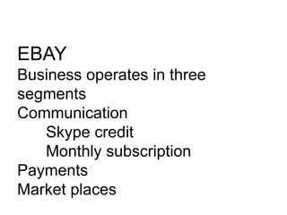 EBAY
Business operates in three
segments
Communication
Skype credit
Monthly subscription
Payments
Market places
 