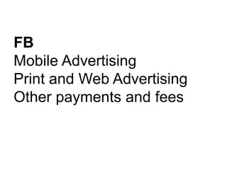 FB
Mobile Advertising
Print and Web Advertising
Other payments and fees
 