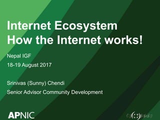Internet Ecosystem
How the Internet works!
Nepal IGF
18-19 August 2017
Srinivas (Sunny) Chendi
Senior Advisor Community Development
 