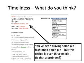 Timeliness – What do you think?




            You’ve been craving some old-
            fashioned apple pie – but this
            recipe is over 15 years old!
            (Is that a problem?)
 