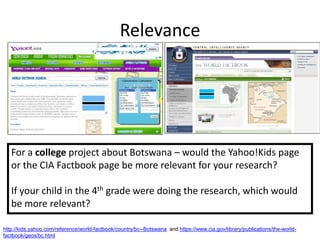 Relevance




   For a college project about Botswana – would the Yahoo!Kids page
   or the CIA Factbook page be more relevant for your research?

   If your child in the 4th grade were doing the research, which would
   be more relevant?

http://kids.yahoo.com/reference/world-factbook/country/bc--Botswana and https://www.cia.gov/library/publications/the-world-
factbook/geos/bc.html
 