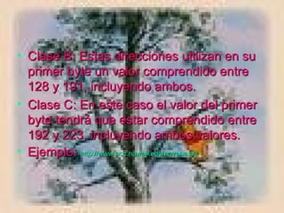 Clase B: Estas direcciones utilizan en su primer byte un valor comprendido entre 128 y 191, incluyendo ambos.  Clase C: En este caso el valor del primer byte tendrá que estar comprendido entre 192 y 223, incluyendo ambos valores. Ejemplo:  http ://www.hcc.hawaii.edu/ novena.au 