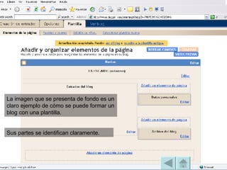 La imagen que se presenta de fondo es un claro ejemplo de cómo se puede formar un blog con una plantilla. Sus partes se identifican claramente. 