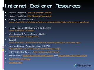 Internet Explorer Resources ,[object Object],[object Object],[object Object],[object Object],[object Object],[object Object],[object Object],[object Object],[object Object],[object Object],[object Object]