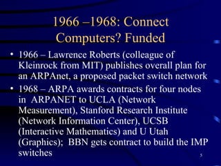 1966 –1968: Connect Computers? Funded 1966 – Lawrence Roberts (colleague of Kleinrock from MIT) publishes overall plan for an ARPAnet, a proposed packet switch network 1968 – ARPA awards contracts for four nodes in  ARPANET to UCLA (Network Measurement), Stanford Research Institute (Network Information Center), UCSB (Interactive Mathematics) and U Utah (Graphics);  BBN gets contract to build the IMP switches 
